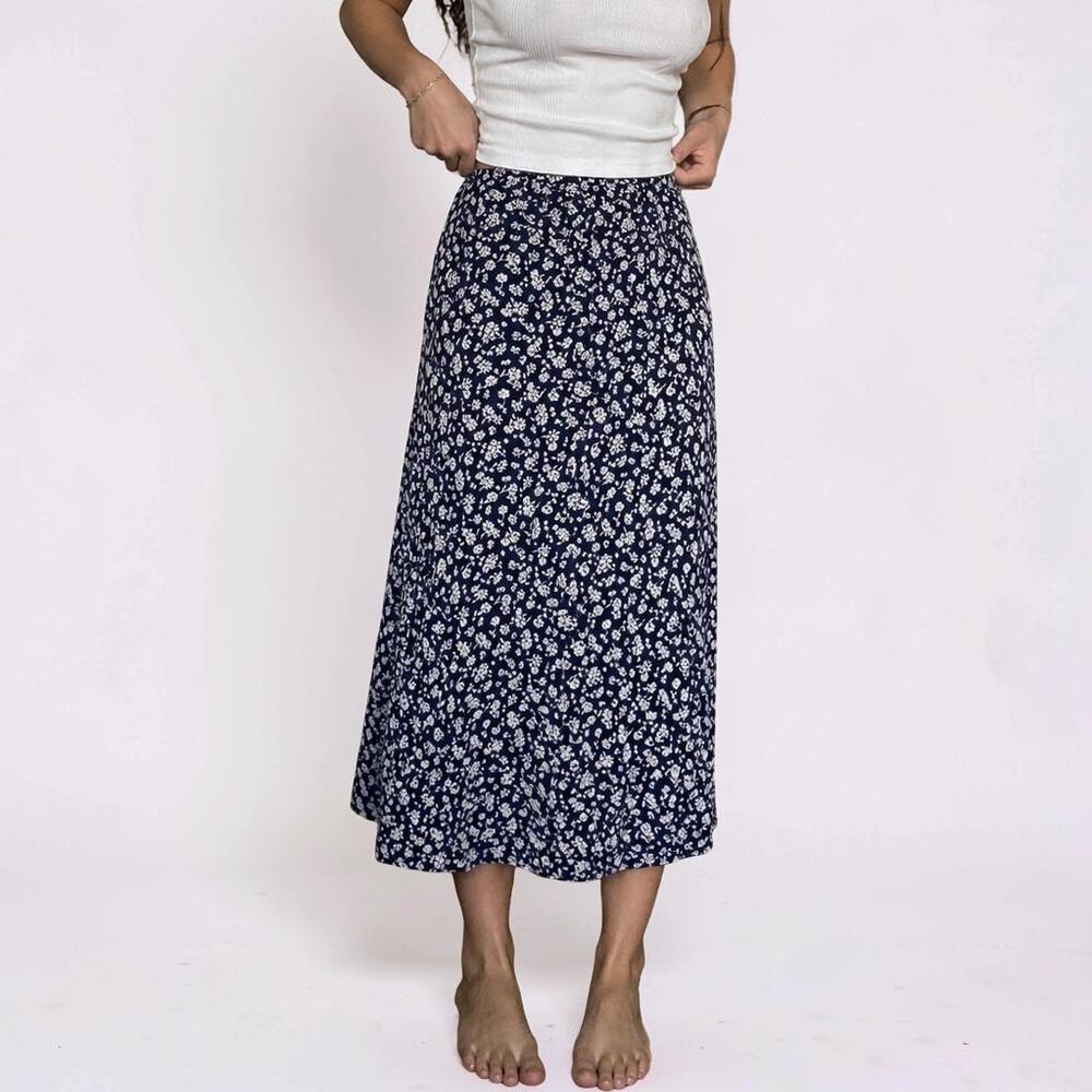 Vintage Laura Ashley Navy Floral High Rise Midi Skirt Size 8